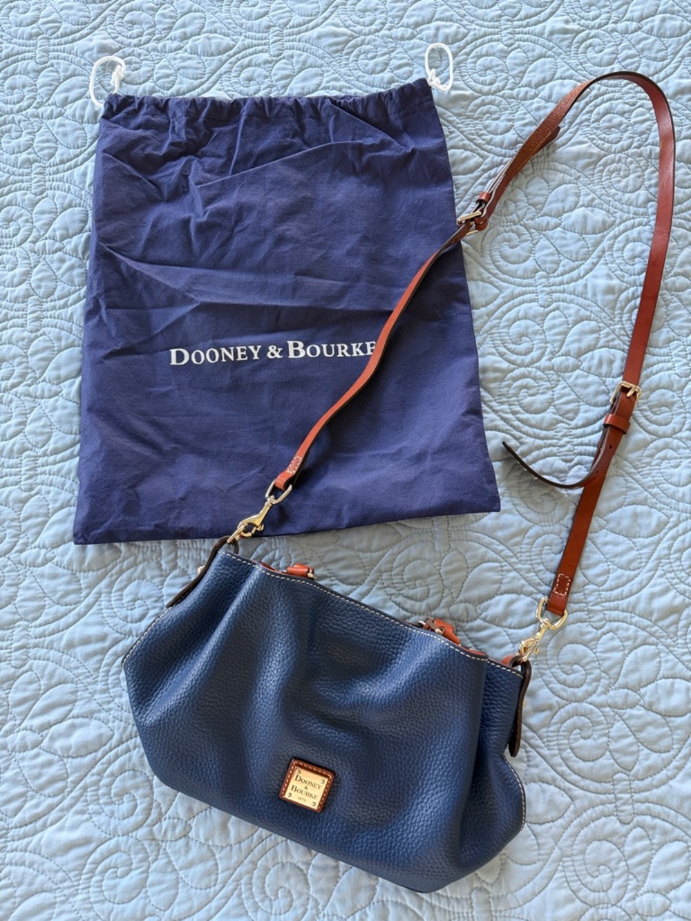 Dooney & Bourke Navy Pebble Leather Crossbody with Tan Strap